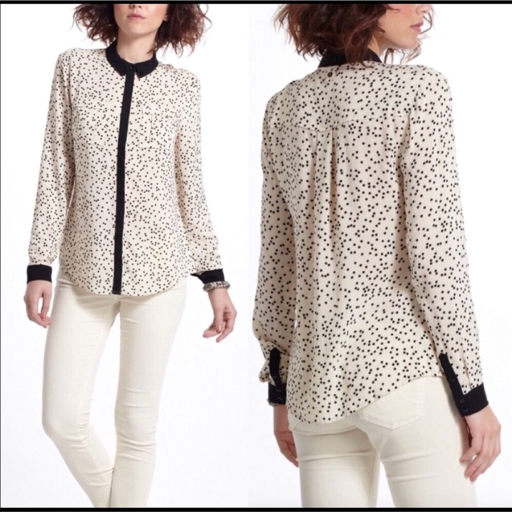 Anthropologie Black and Cream Polka Dot Button Down Shirt